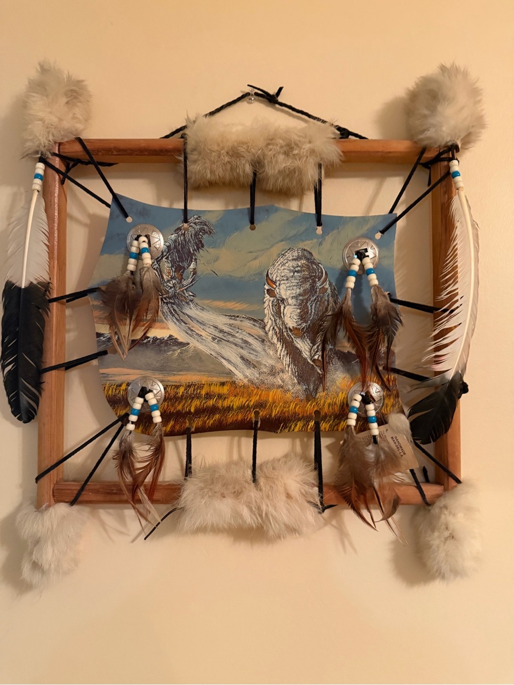 Handmade Feathers & Fur Wall Tapestry in Blue and Tan